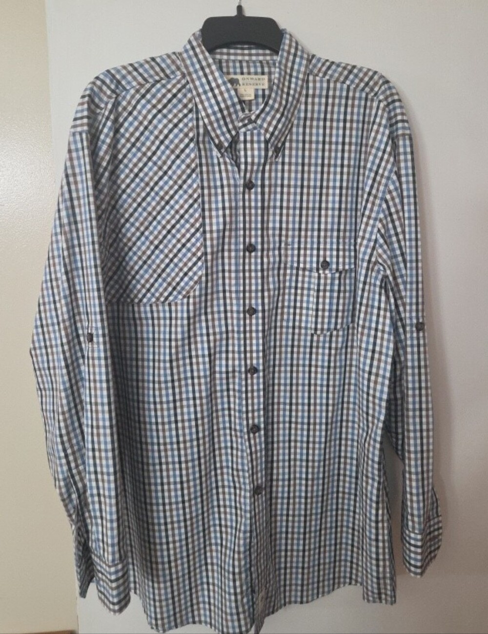 Classic Men’s Button-Down Plaid Shirt - Blue, Brown & White Roll Tab Sl Large